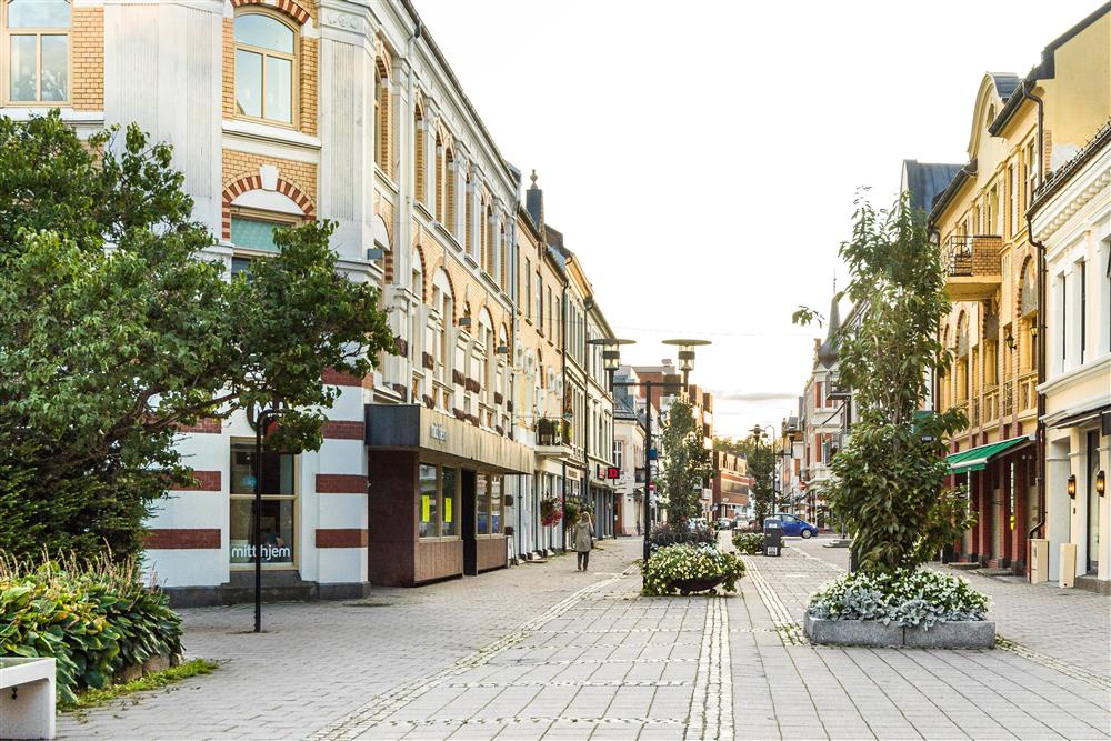 Gågate med brostein, Vakre bygninger i mmur, med  dekor, trær og blomster - Klikk for stort bilde